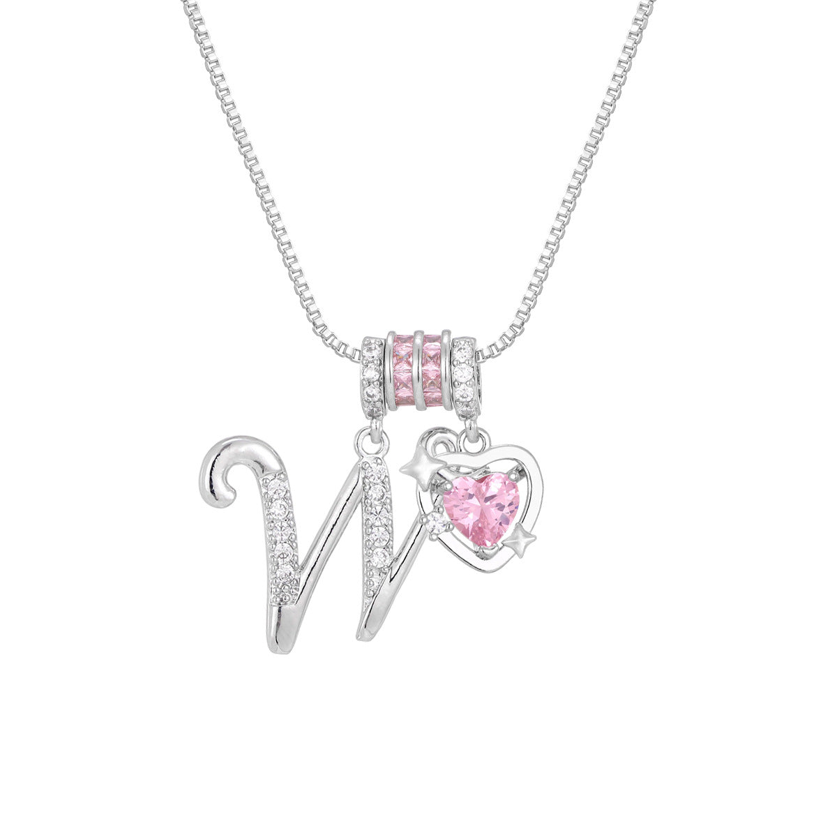 🌸 Dainty 3-Layer Initial Necklace – Silver-Plated Choker with Blush Pink CZ Charm