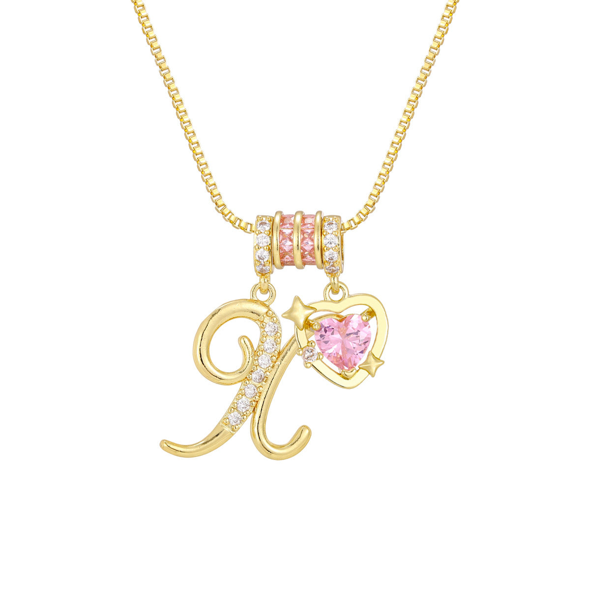 🌸 Dainty 3-Layer Initial Necklace – Silver-Plated Choker with Blush Pink CZ Charm