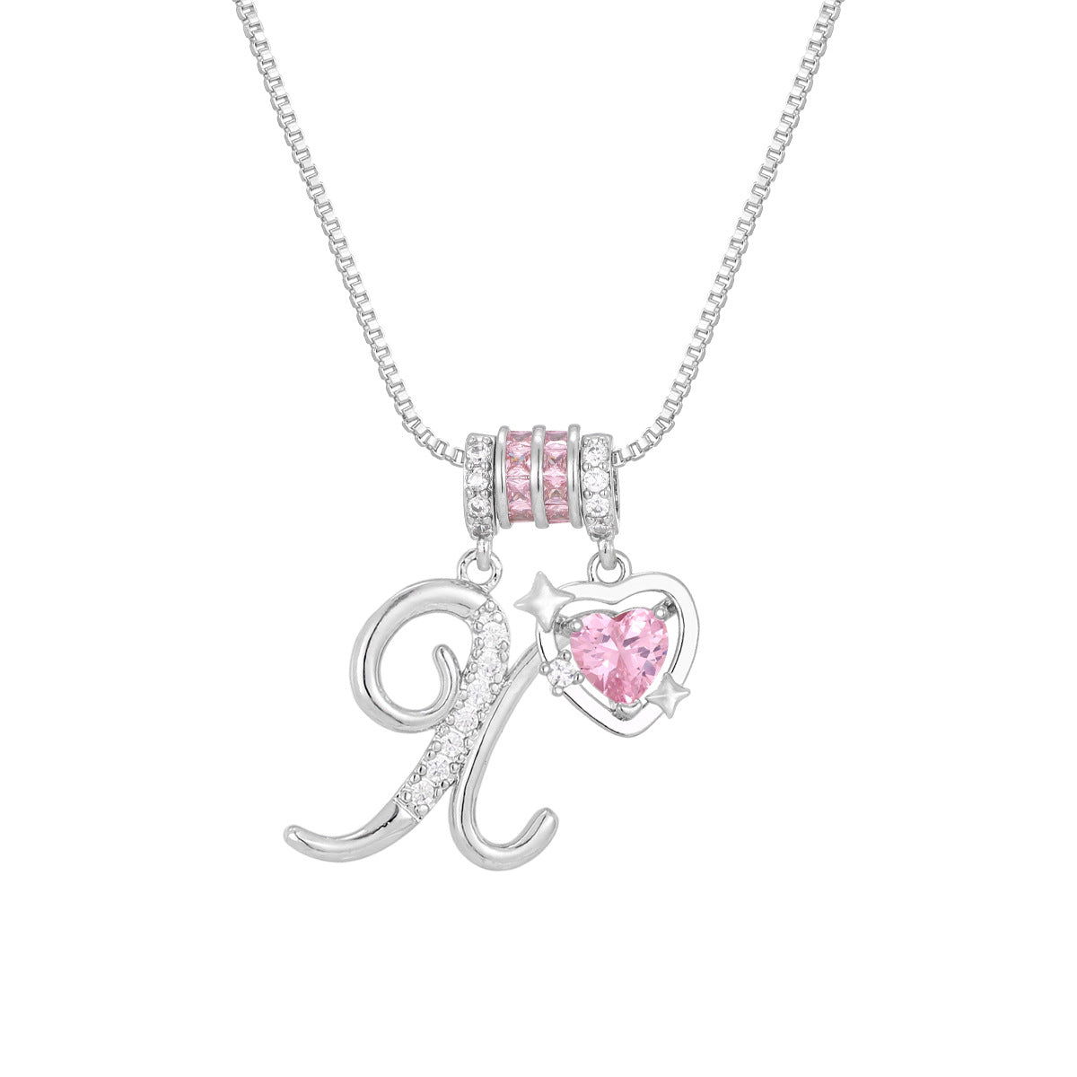 🌸 Dainty 3-Layer Initial Necklace – Silver-Plated Choker with Blush Pink CZ Charm