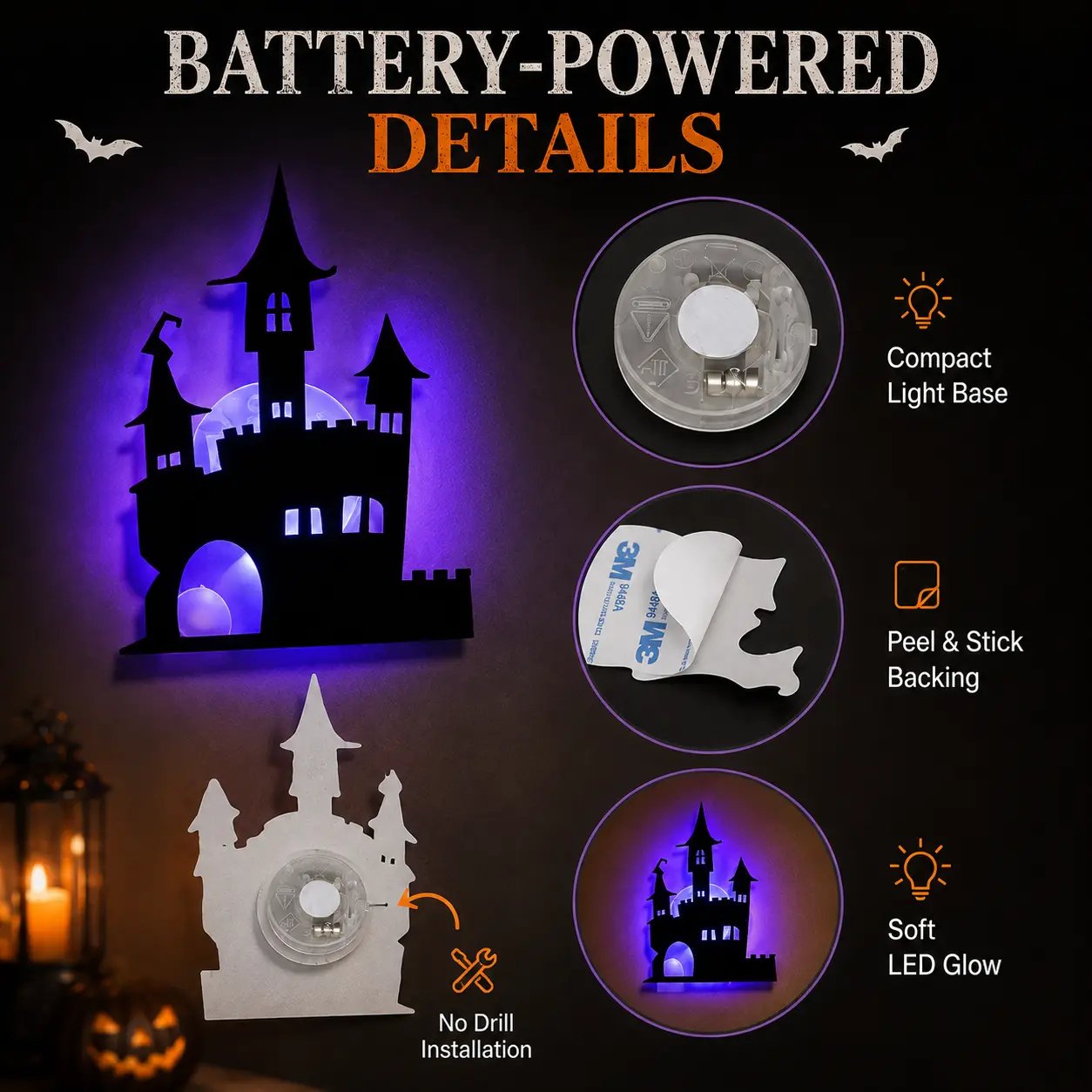 Halloween LED Silhouette Wall Light Stickers, Battery Powered Peel & Stick Decor Lights