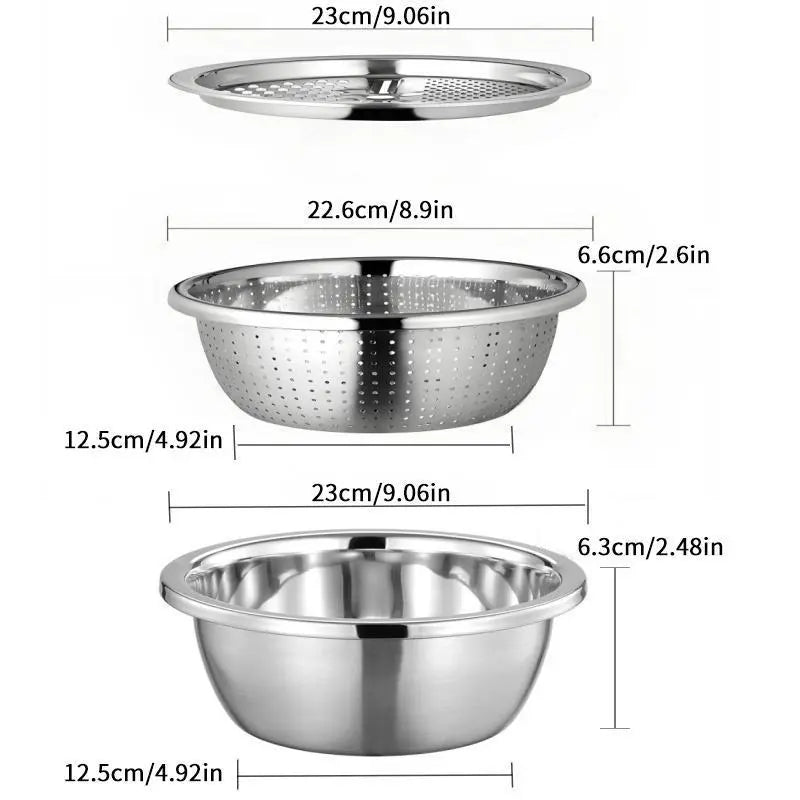 3-in-1 Multifunction Kitchen Strainer Set – Stainless Steel Wash, Drain & Slice Bowl for Fruits, Vegetables & Rice