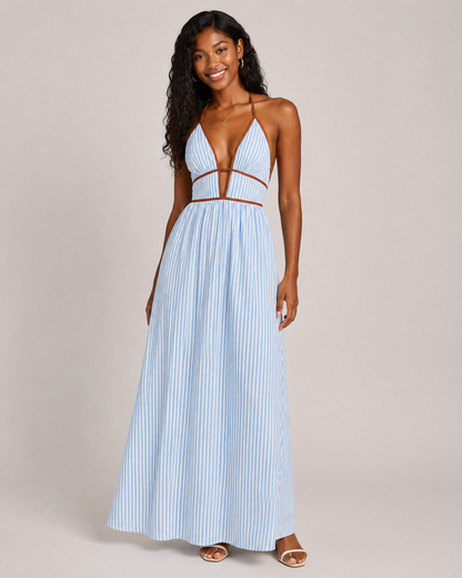 Women’s French Striped Halter Maxi Dress – Deep V-Neck Summer Vacation Dress