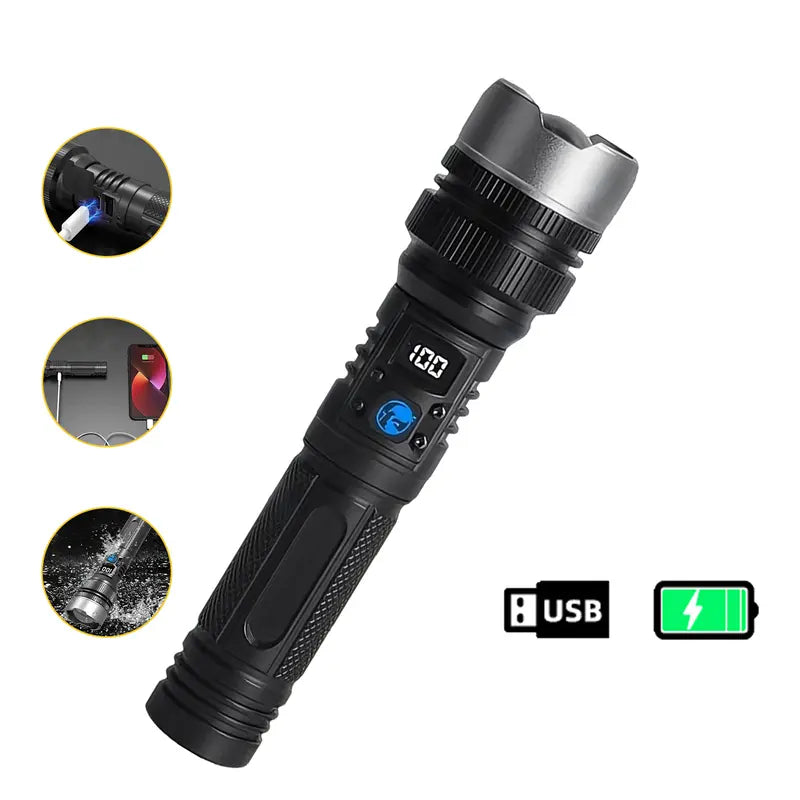 🔦 Rechargeable Zoomable Flashlight – 2-in-1 Power Bank with Digital Display, Waterproof