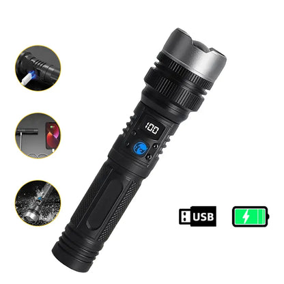 🔦 Rechargeable Zoomable Flashlight – 2-in-1 Power Bank with Digital Display, Waterproof