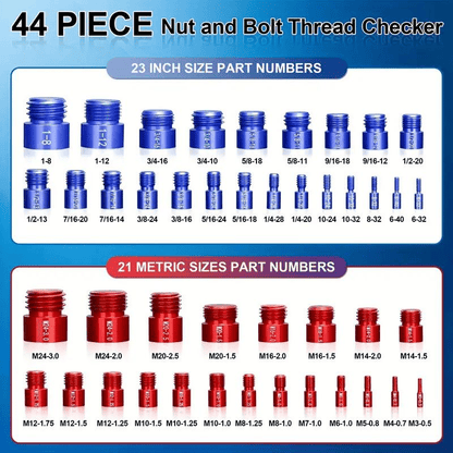 📏 Portable Bolt & Nut Size Gauge – 44-Piece Inch & Metric Thread Checker, Clear Markings, Stainless Steel, Tool Box Included