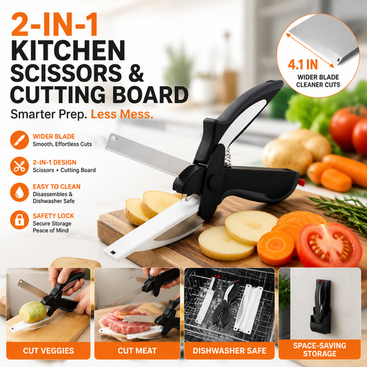 2-in-1 Kitchen Scissors with Cutting Board – Stainless Steel Food Cutter