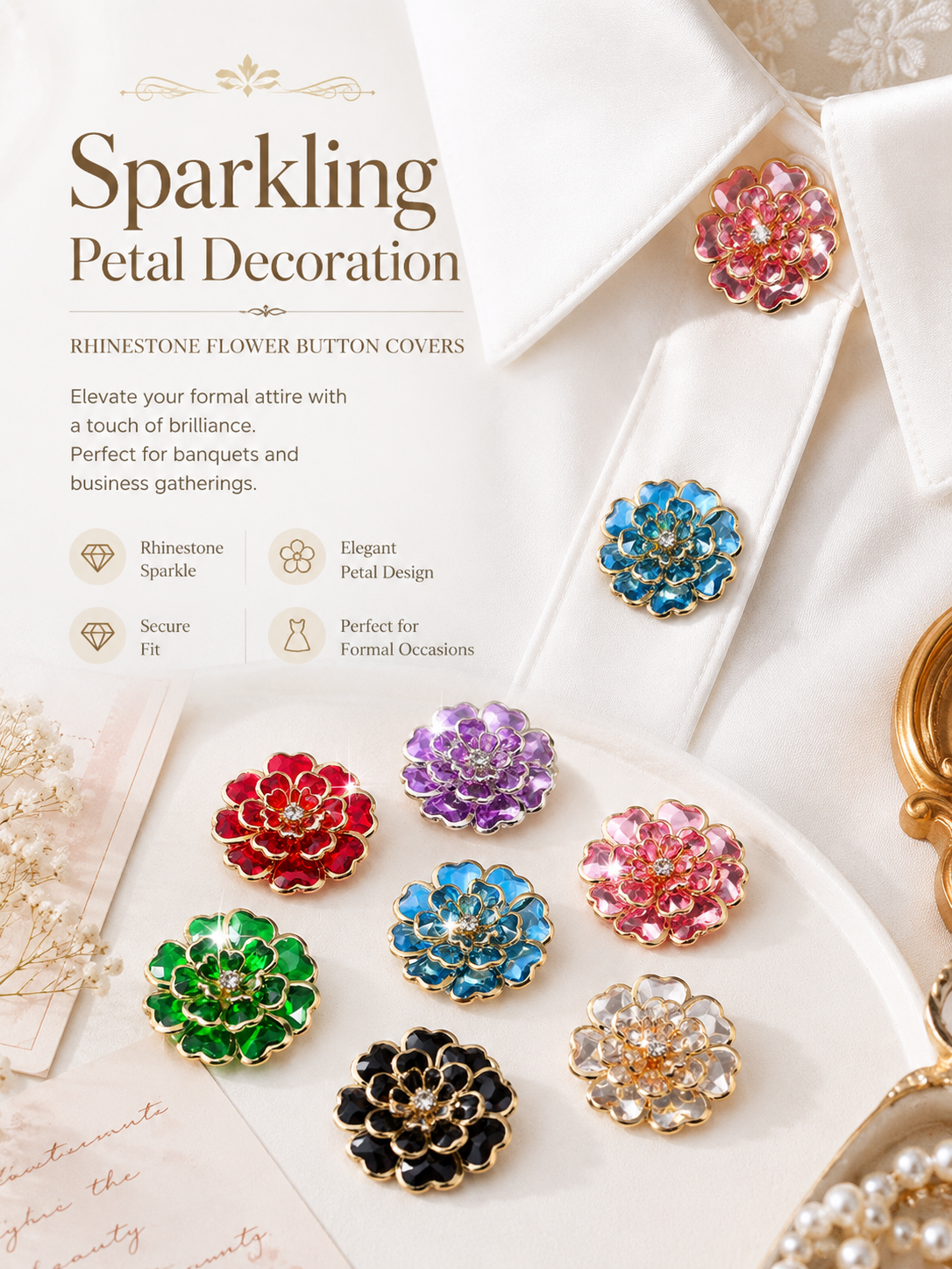 Rhinestone Camellia Button Covers – Snap-On Sparkle for Every Blouse