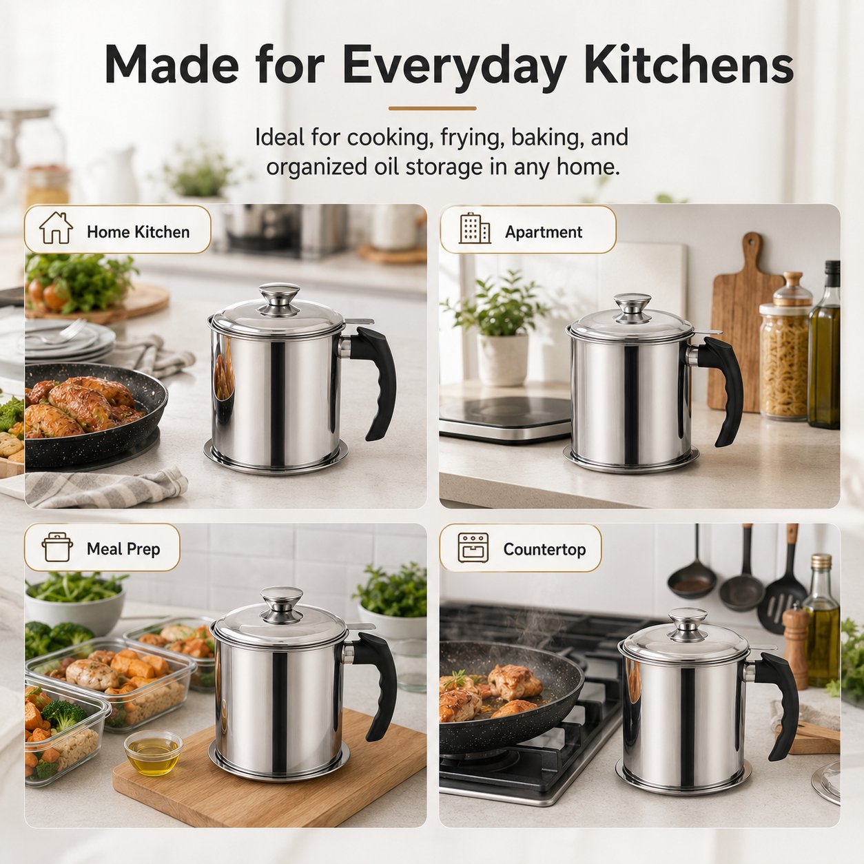 Kitchen Oil Dispenser with Tray & Lid,Stainless Steel Oil Pot with Filter