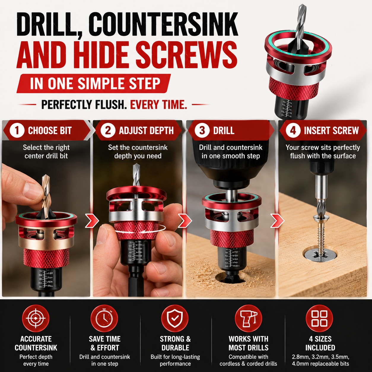 ⚙️ Precision Countersink Drill Bit Set – M2 HSS, 4PCS, Depth-Adjustable, Wood/Plastic Ready