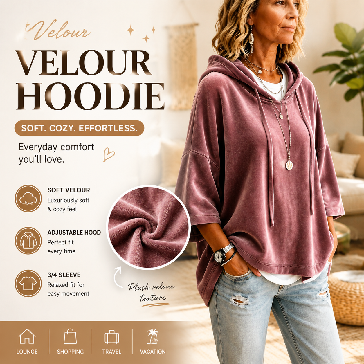 👗 Women's Minimalist Velour Hoodie – Loose Fit, 3/4 Sleeves, Soft Velvet Pullover for Fall & Winter