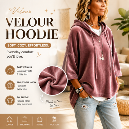 👗 Women's Minimalist Velour Hoodie – Loose Fit, 3/4 Sleeves, Soft Velvet Pullover for Fall & Winter