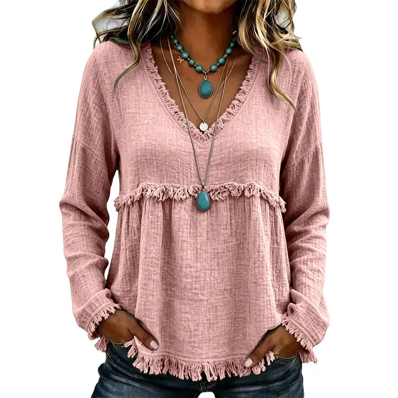 🌾Boho Fringe V-Neck Top – Flowy, Loose & Tassel Hem