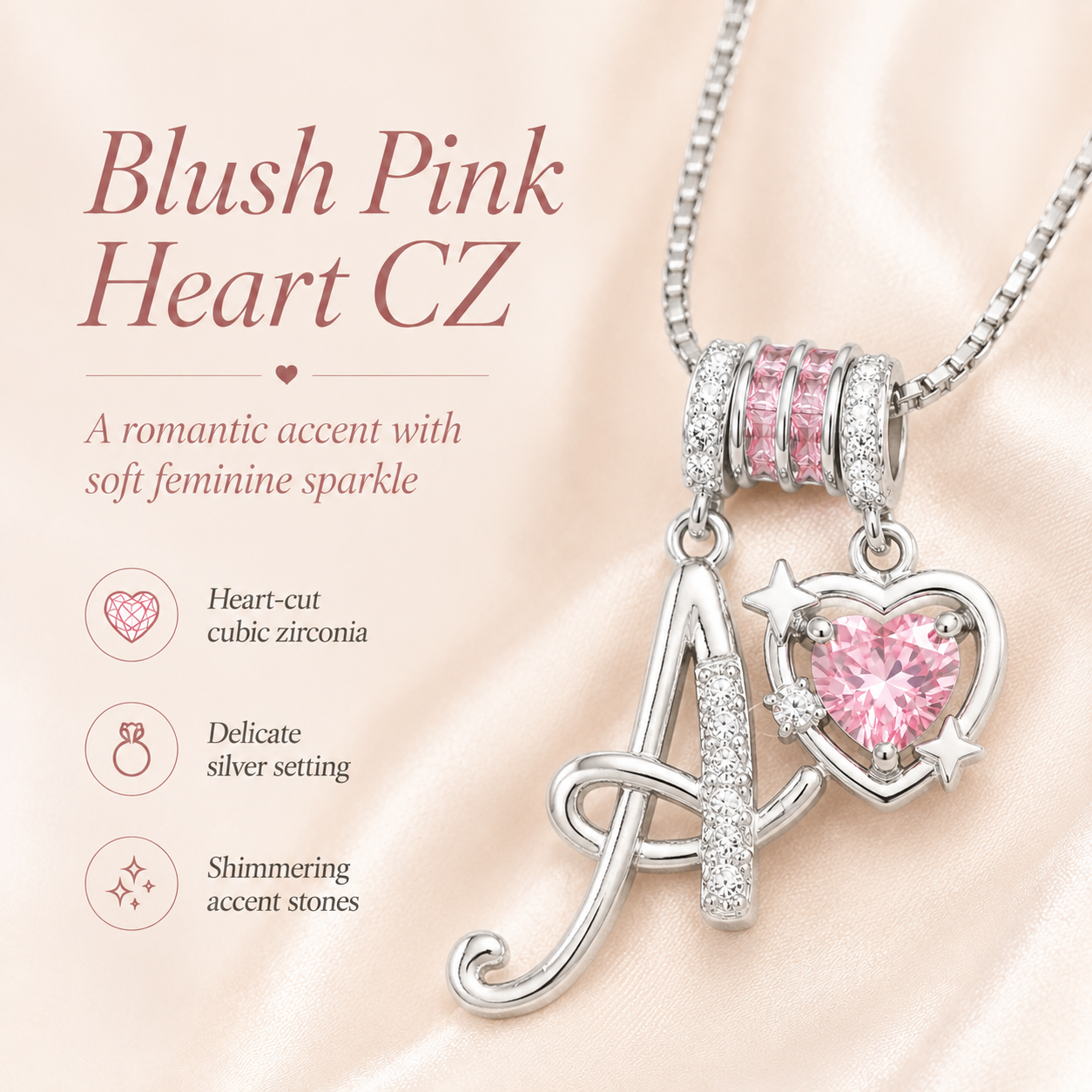 🌸 Dainty 3-Layer Initial Necklace – Silver-Plated Choker with Blush Pink CZ Charm