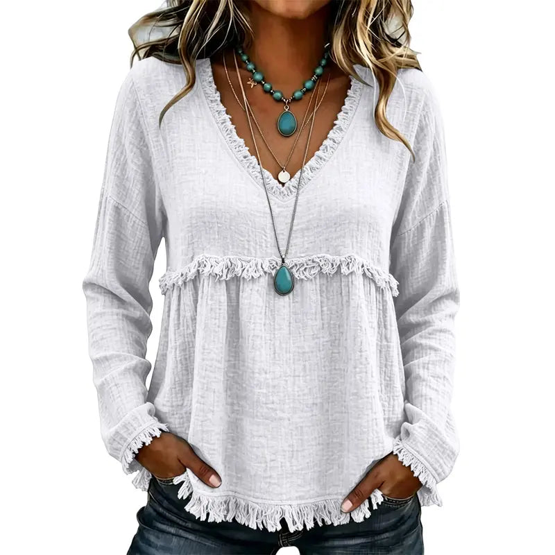 🌾Boho Fringe V-Neck Top – Flowy, Loose & Tassel Hem