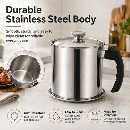 Kitchen Oil Dispenser with Tray & Lid,Stainless Steel Oil Pot with Filter