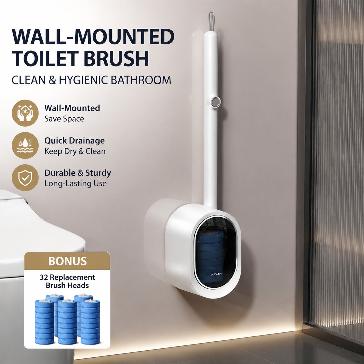 Disposable Toilet Brush Kit with 32 Refills – Wall-Mount Toilet Cleaning System