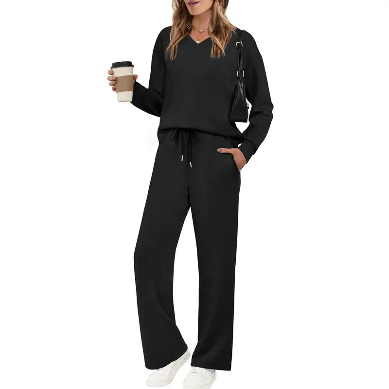 🌸 Effortless V-Neck Lounge Set – Wide Leg, Soft & Stylish