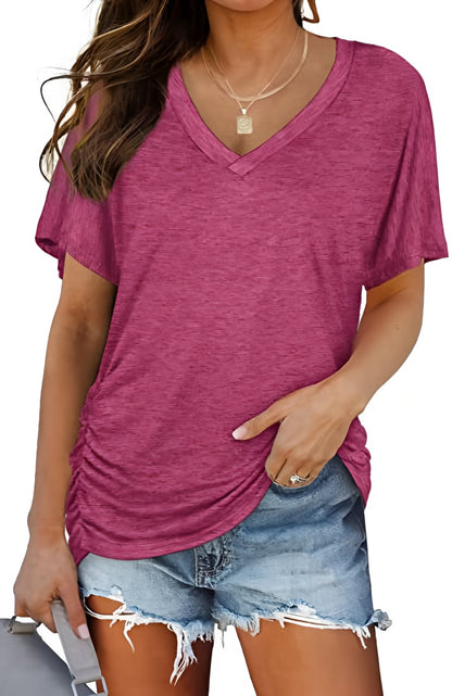 Womens Short Sleeve V Neck Dolman Tops with Side Shirring Loose Fit Shirts