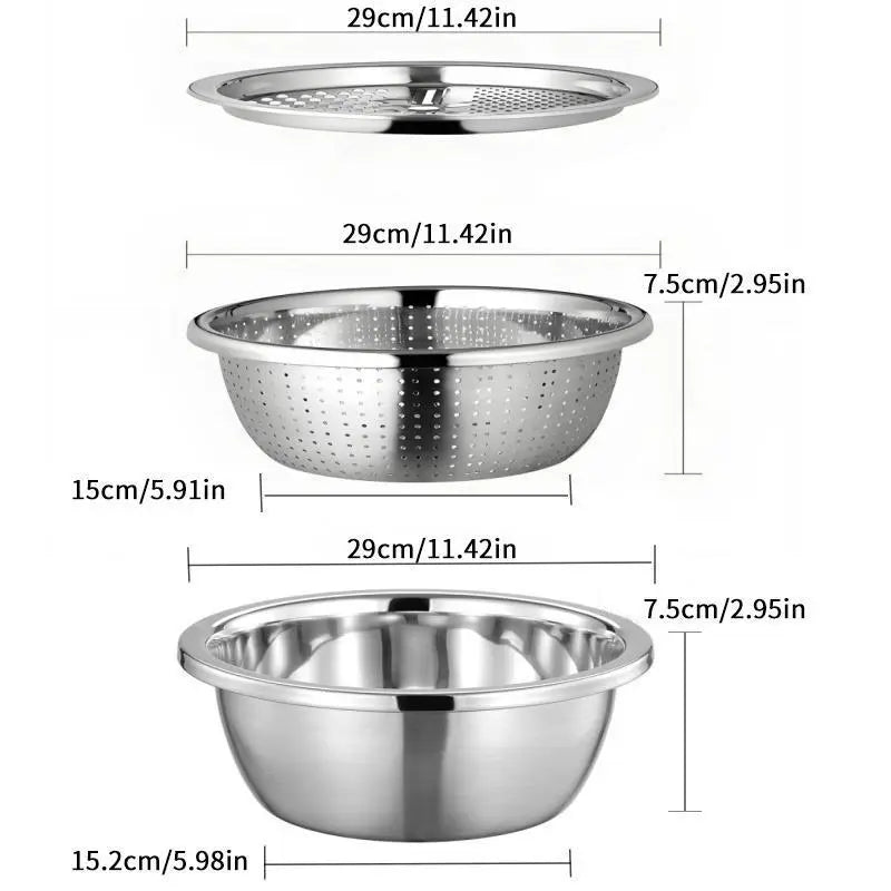 3-in-1 Multifunction Kitchen Strainer Set – Stainless Steel Wash, Drain & Slice Bowl for Fruits, Vegetables & Rice