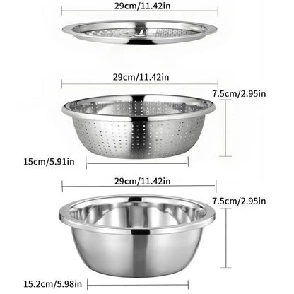 3-in-1 Multifunction Kitchen Strainer Set – Stainless Steel Wash, Drain & Slice Bowl for Fruits, Vegetables & Rice