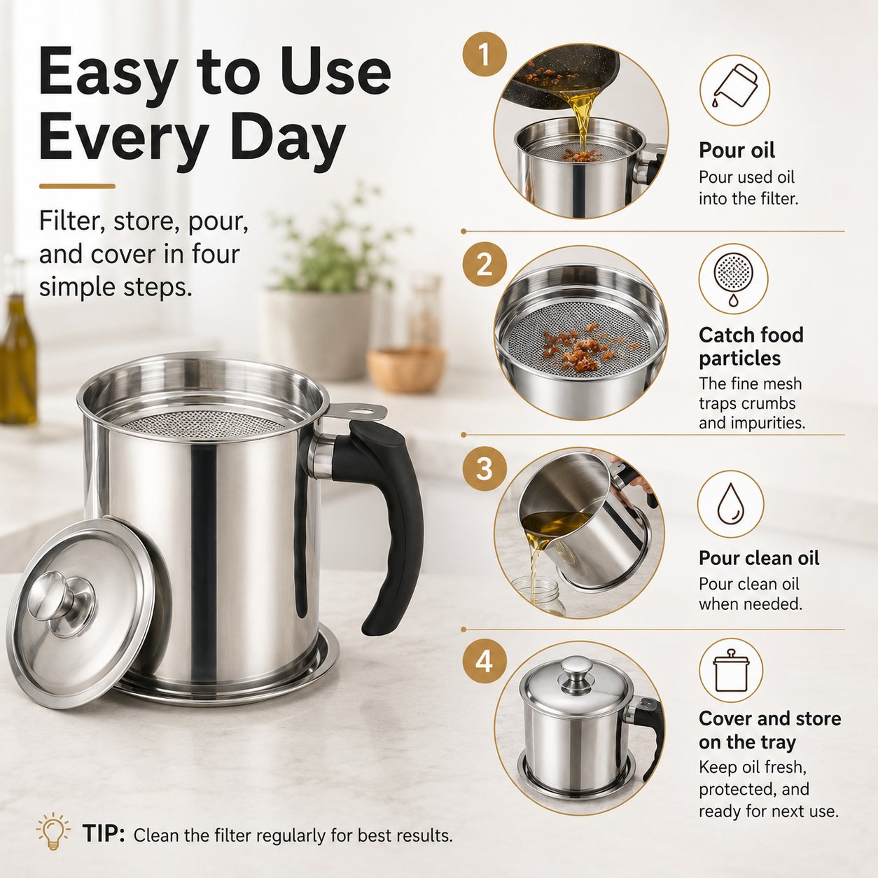 Kitchen Oil Dispenser with Tray & Lid,Stainless Steel Oil Pot with Filter