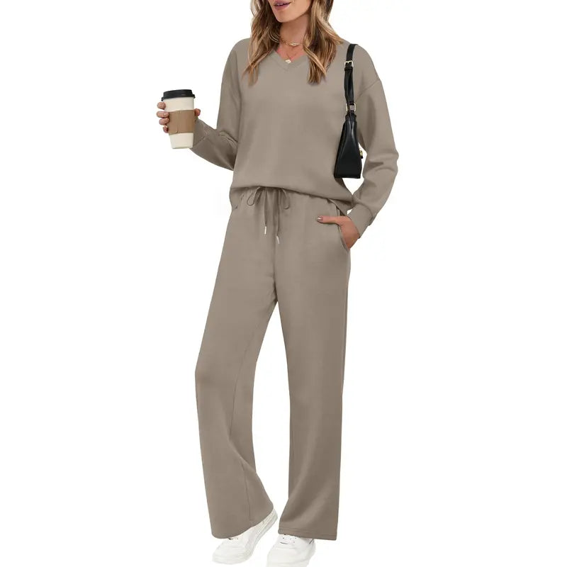 🌸 Effortless V-Neck Lounge Set – Wide Leg, Soft & Stylish