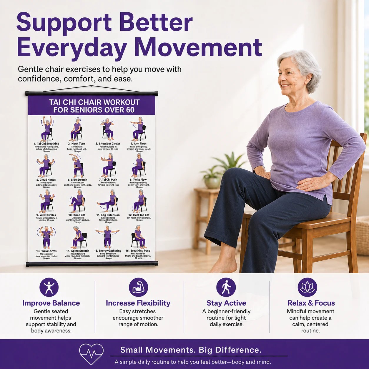 🔥LAST DAY 49% OFF🧘‍♀️☯Tai Chi Chair Workout Chart for Seniors (16 x 24 inches)
