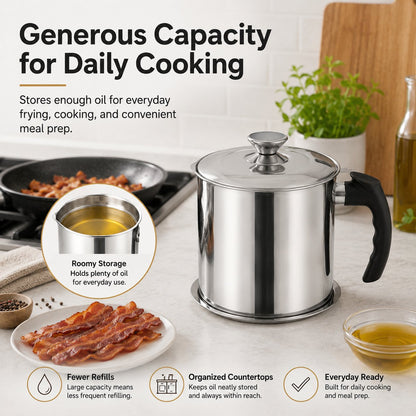 Kitchen Oil Dispenser with Tray & Lid,Stainless Steel Oil Pot with Filter