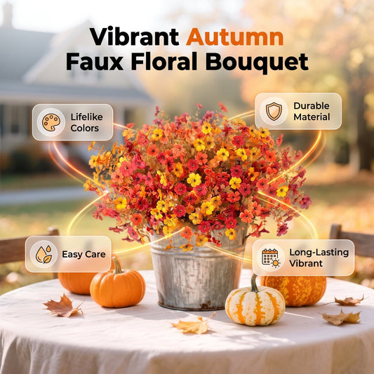 🍂🧡Artificial Autumn Violet Silk Flower Bouquet✨Weatherproof Faux Fall Floral Stems