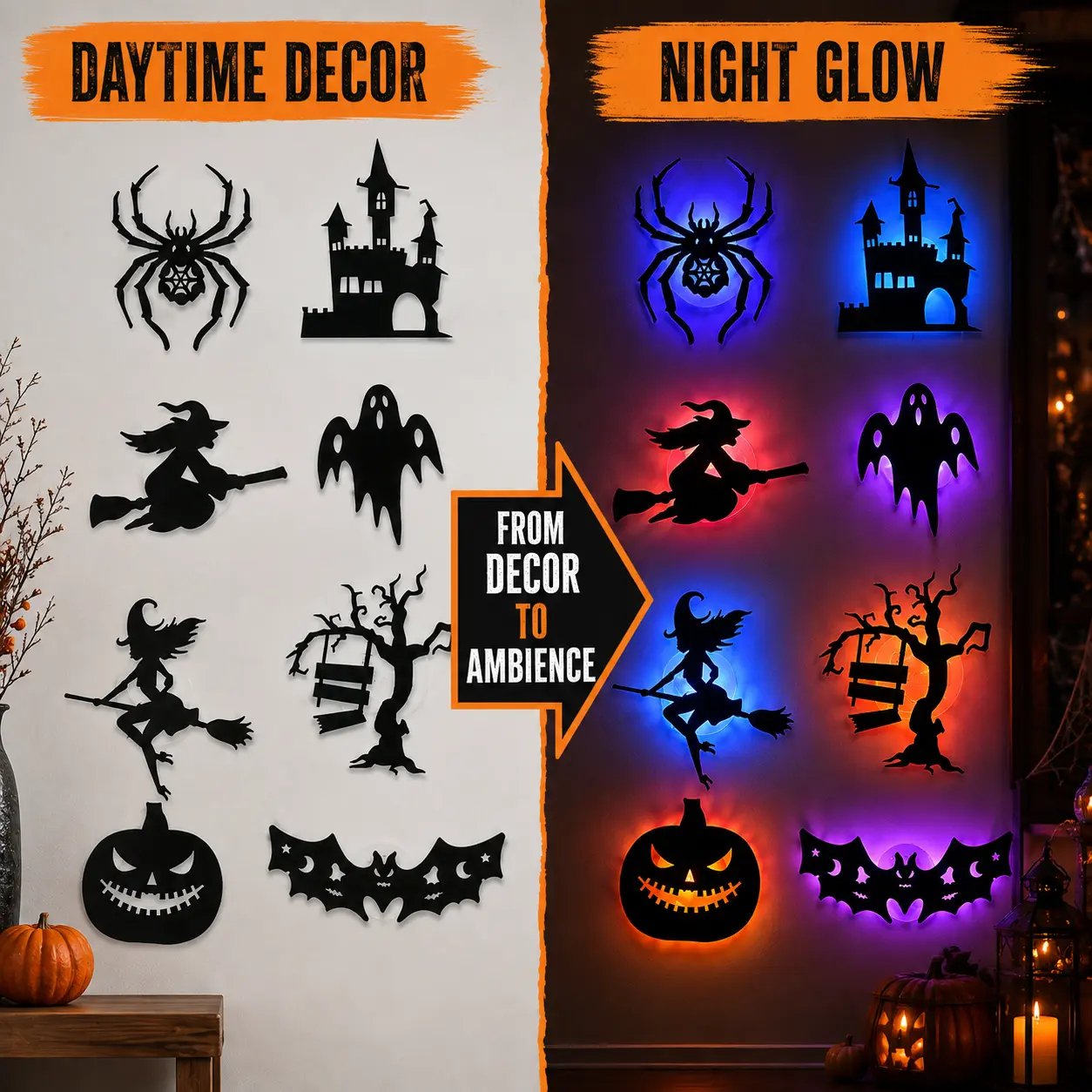Halloween LED Silhouette Wall Light Stickers, Battery Powered Peel & Stick Decor Lights