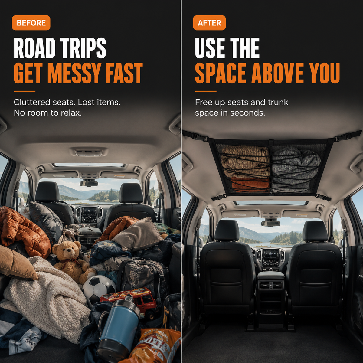 🚗 Hidden Roof Cargo Net – Car Ceiling Storage Organizer, Space-Saving for Travel & Camping