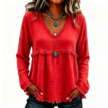 🌾Boho Fringe V-Neck Top – Flowy, Loose & Tassel Hem
