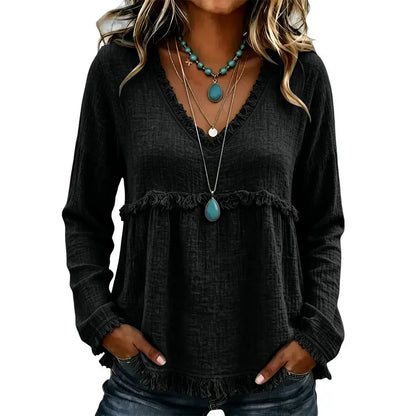🌾Boho Fringe V-Neck Top – Flowy, Loose & Tassel Hem