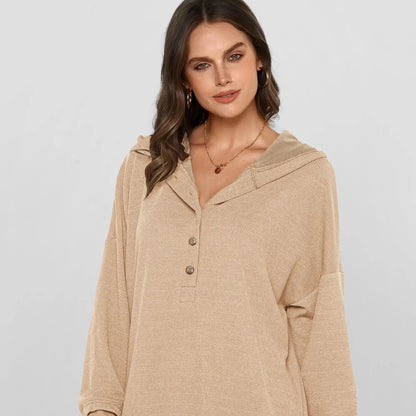 Women’s Relaxed V-Neck Button Hoodie – Soft Stretchy Fall Pullover