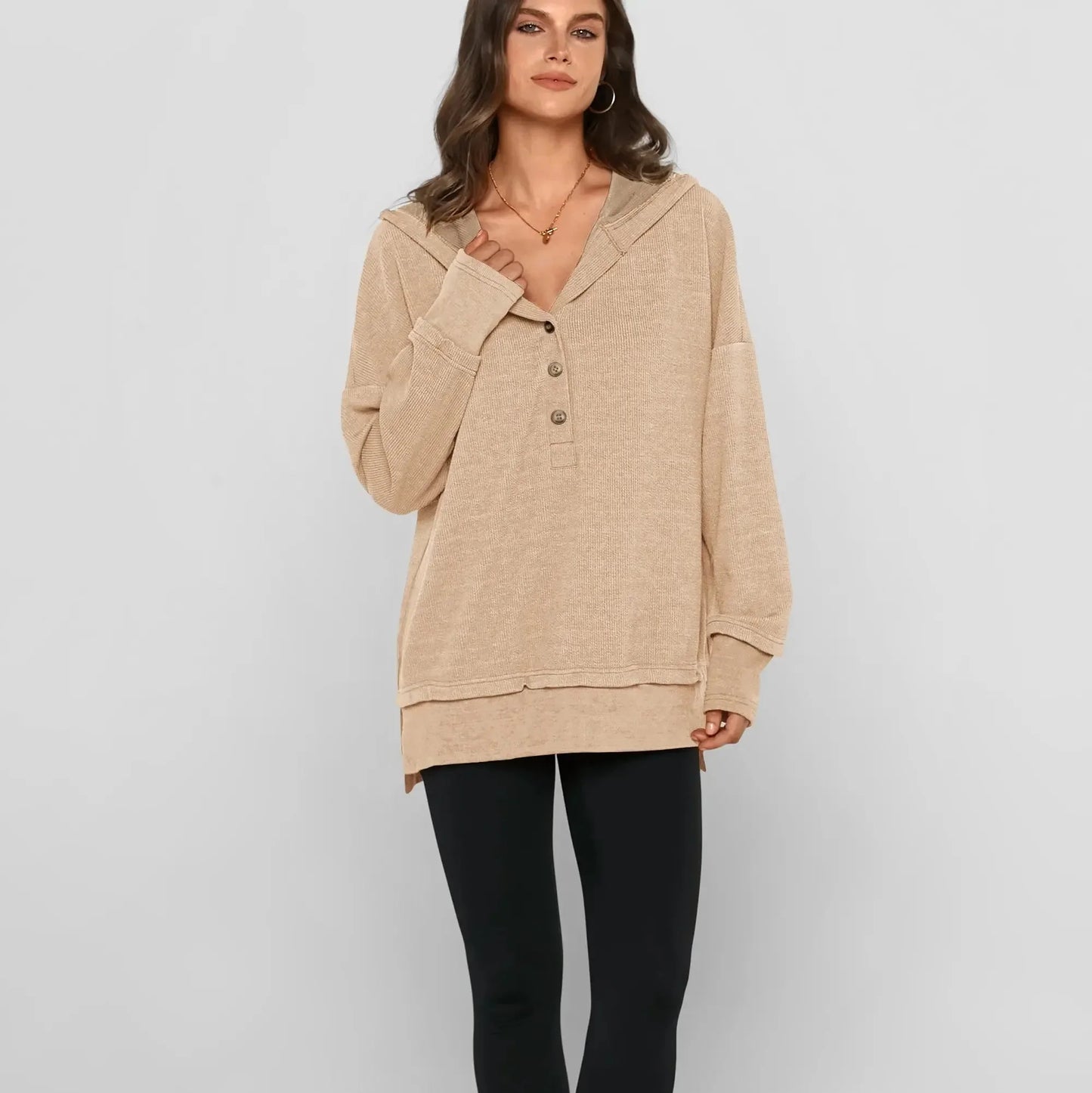 Women’s Relaxed V-Neck Button Hoodie – Soft Stretchy Fall Pullover