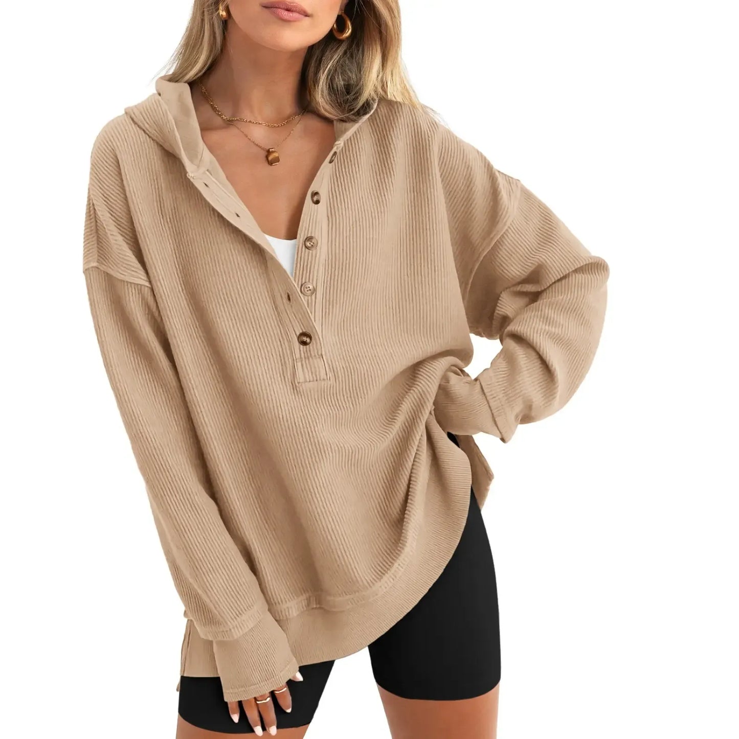 Women’s Relaxed V-Neck Button Hoodie – Soft Stretchy Fall Pullover