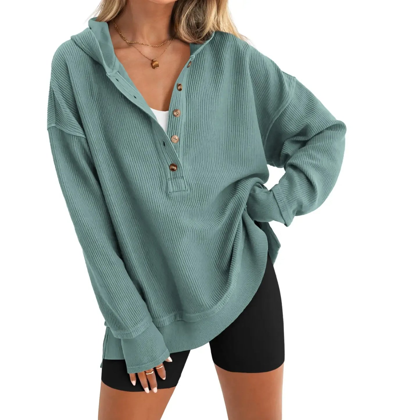 Women’s Relaxed V-Neck Button Hoodie – Soft Stretchy Fall Pullover