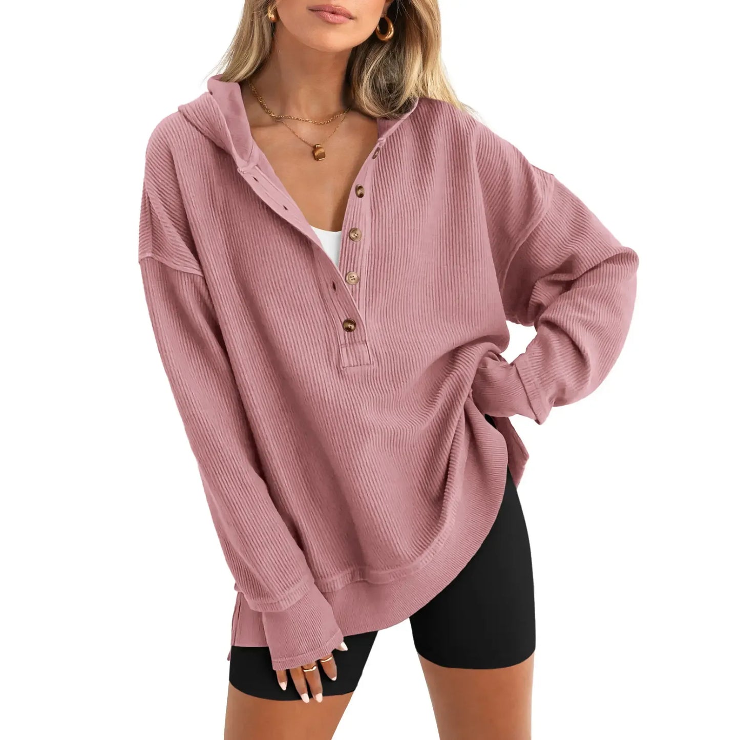 Women’s Relaxed V-Neck Button Hoodie – Soft Stretchy Fall Pullover