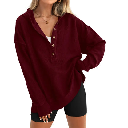 Women’s Relaxed V-Neck Button Hoodie – Soft Stretchy Fall Pullover