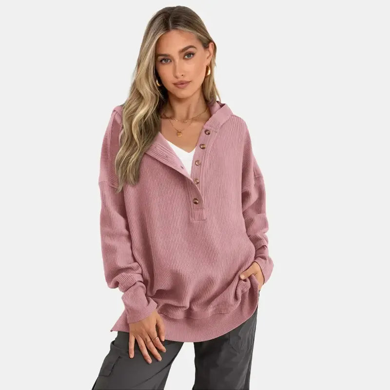 Women’s Relaxed V-Neck Button Hoodie – Soft Stretchy Fall Pullover