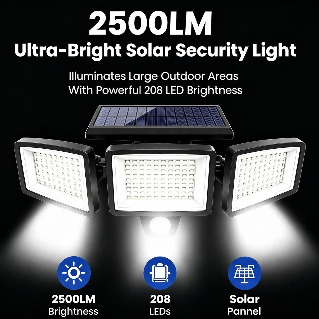 Solar Security Lights, 3-Heads Dimmable IP65 Waterproof