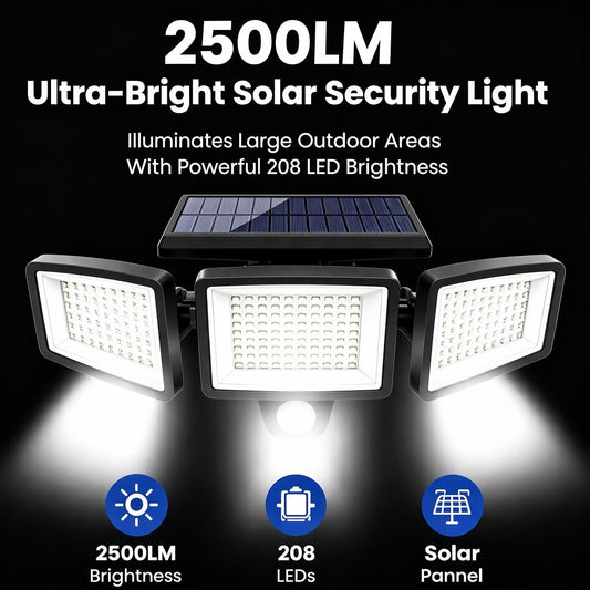 Solar Security Lights, 3-Heads Dimmable IP65 Waterproof