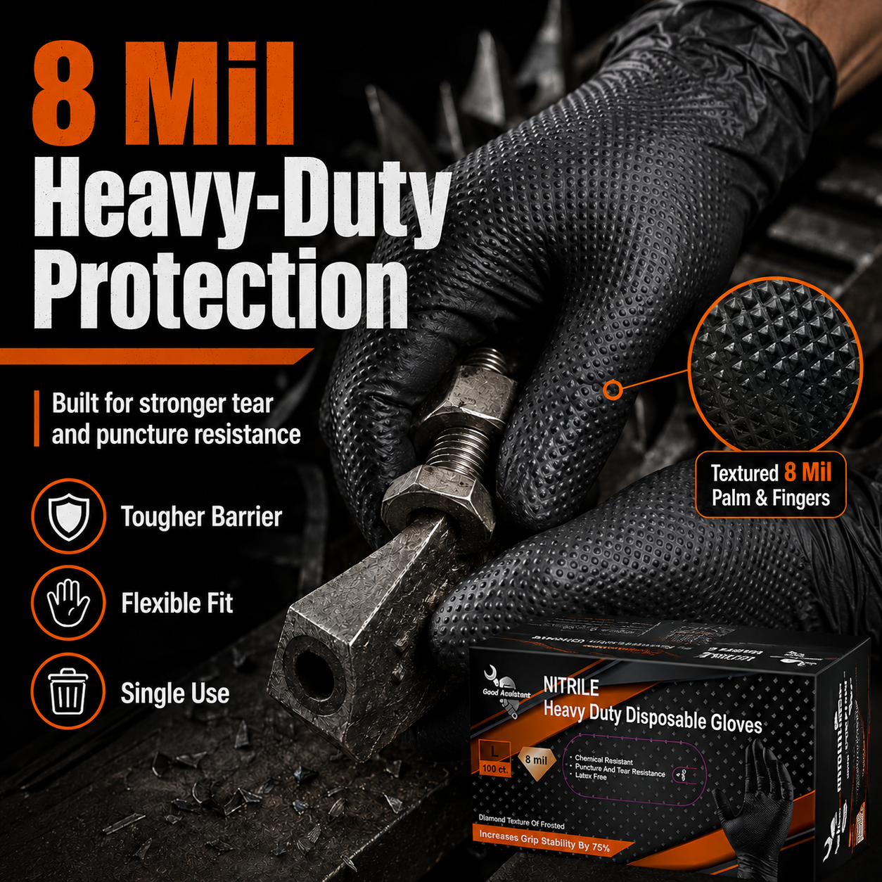 🧤🛡️Diamond-Textured 8Mil Nitrile Gloves – Heavy-Duty Grip, Food-Safe, 100Pcs