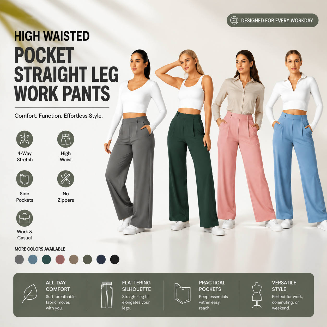 👔 High-Waisted Straight Pants – Pocket & Polished