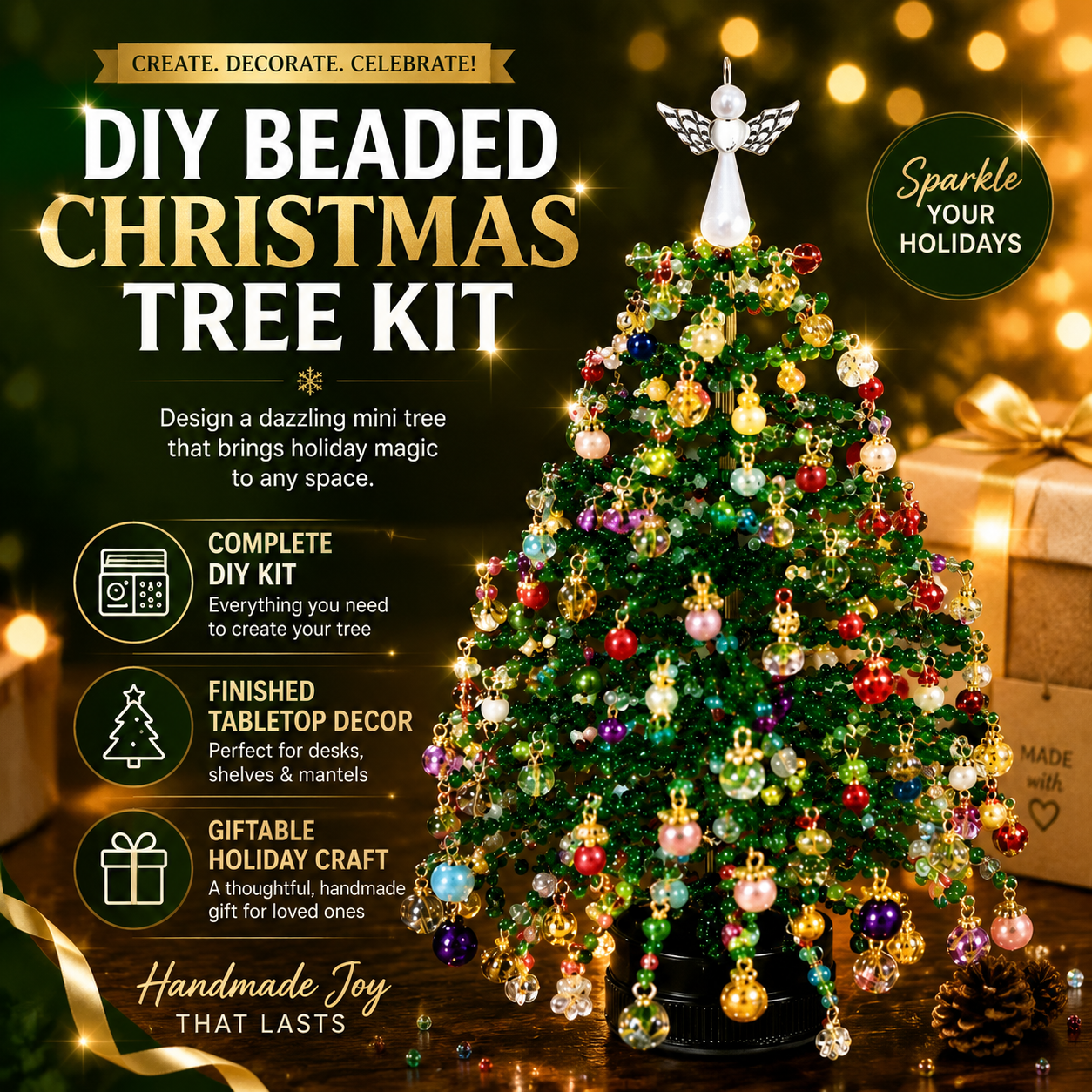 🎄 DIY Beaded Christmas Tree Kit – Mini Crystal Beads, Angel Topper & Base, Fun Holiday Craft Set