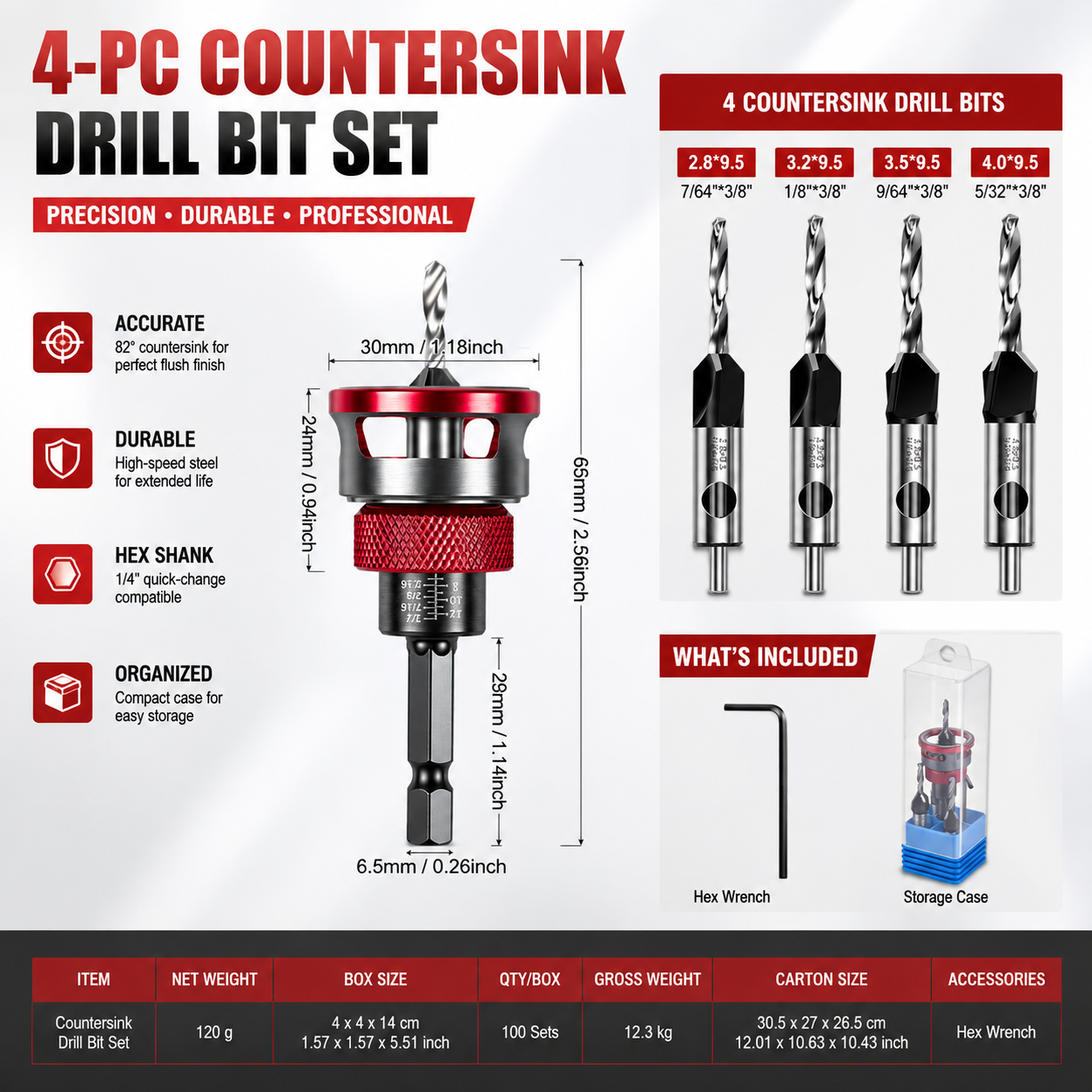 ⚙️ Precision Countersink Drill Bit Set – M2 HSS, 4PCS, Depth-Adjustable, Wood/Plastic Ready