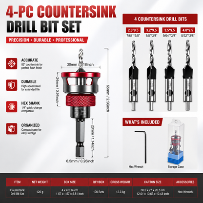 ⚙️ Precision Countersink Drill Bit Set – M2 HSS, 4PCS, Depth-Adjustable, Wood/Plastic Ready