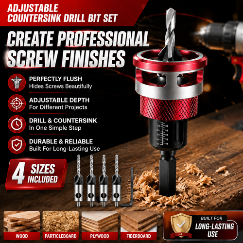 ⚙️ Precision Countersink Drill Bit Set – M2 HSS, 4PCS, Depth-Adjustable, Wood/Plastic Ready