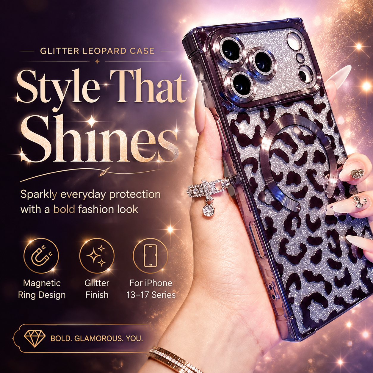 🐆 Glitter Leopard Phone Case – Compatible with iPhone 17 Pro Max/16 Pro/15 Pro/14/13