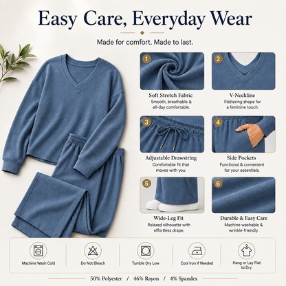 🌸 Effortless V-Neck Lounge Set – Wide Leg, Soft & Stylish